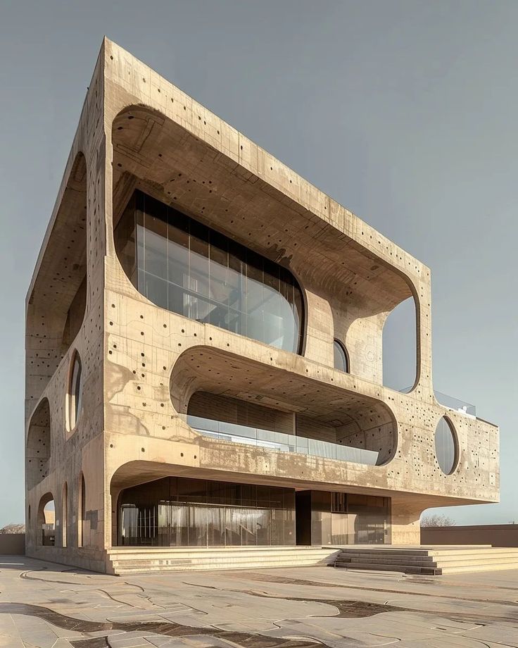 the building is made out of concrete and has large windows on each side, along with multiple levels