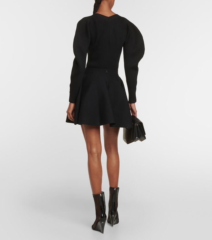 Ribbed Knit Wool Blend Miniskirt in Black - Alaia | Mytheresa Alaia Outfit, Alaia 2024, Alaia Skater Dress, Alaia Skirt, Alaia Black Dress, Black Skater Skirts, Designer Shopping, Ribbed Skirt, Latest Skirts