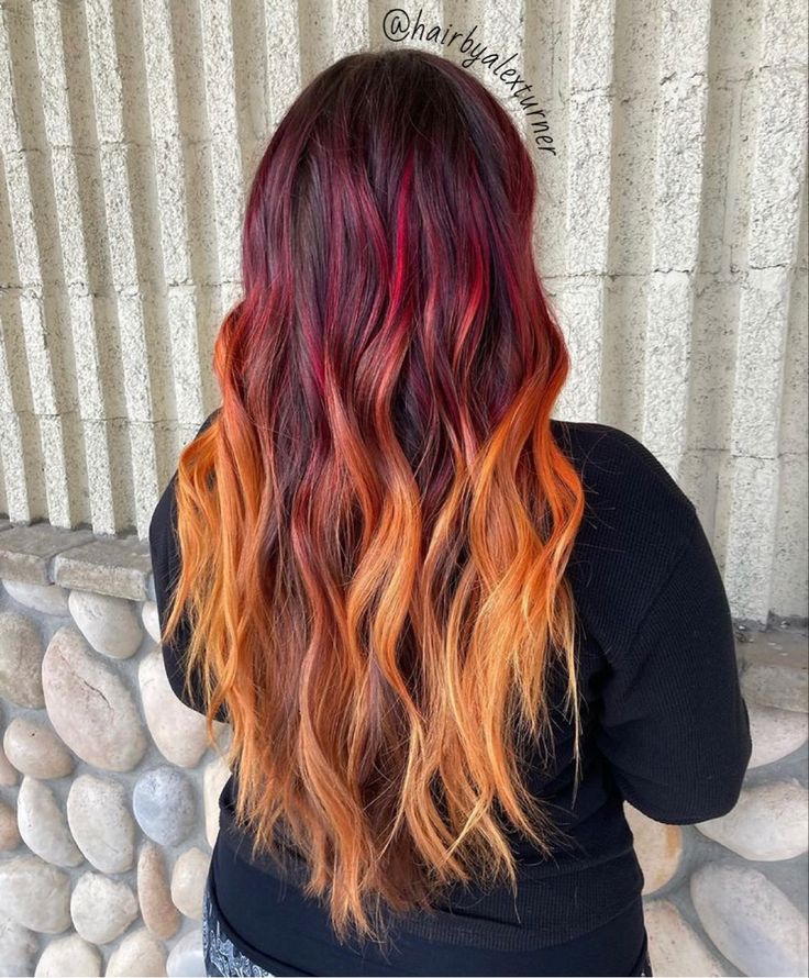 Sunset state of mind ☀️ Red yellow balayage ombre hair sunset hair #sunsetbalayage #sunsethair #redtoyellowbalayage Amber Ombre Hair, Balayage Hair Vivids, Desert Sunset Hair, Sunset Balayage Hair, Sunflower Hair Color Ombre, Sunset Ombre Hair, Yellow Balayage, Fire Ombre Hair, Balayage Ombre Hair