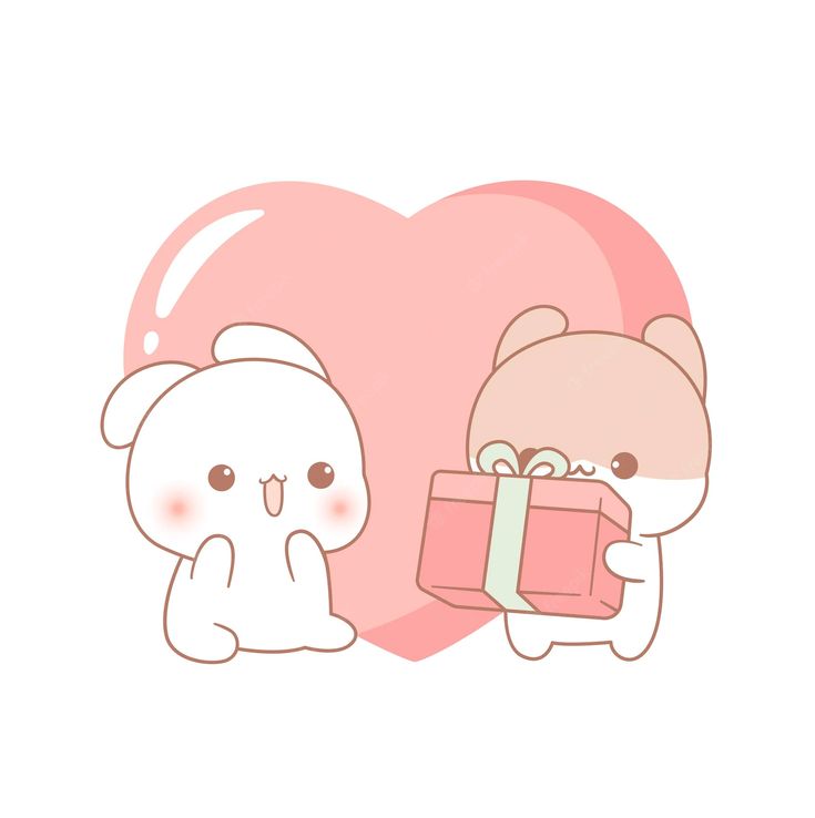 two teddy bears holding a gift box in front of a heart