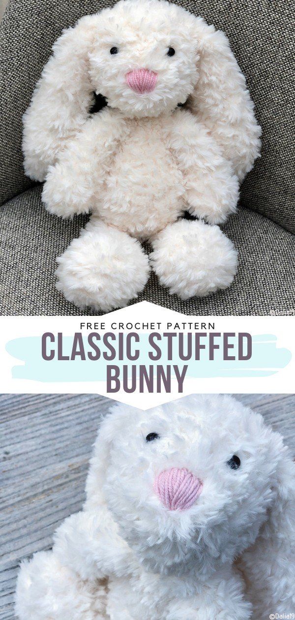 a white stuffed animal sitting on top of a chair next to another stuffed animal with the words, free crochet pattern classic stuffed bunny