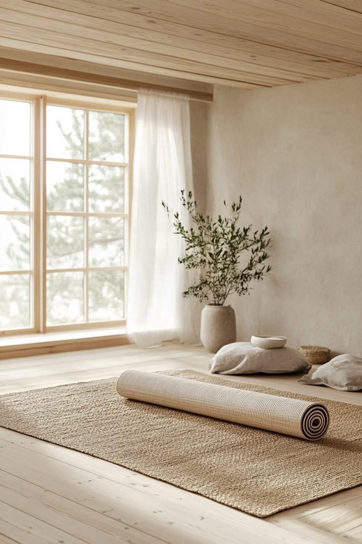 a yoga mat on top of a wooden floor next to a potted plant and window