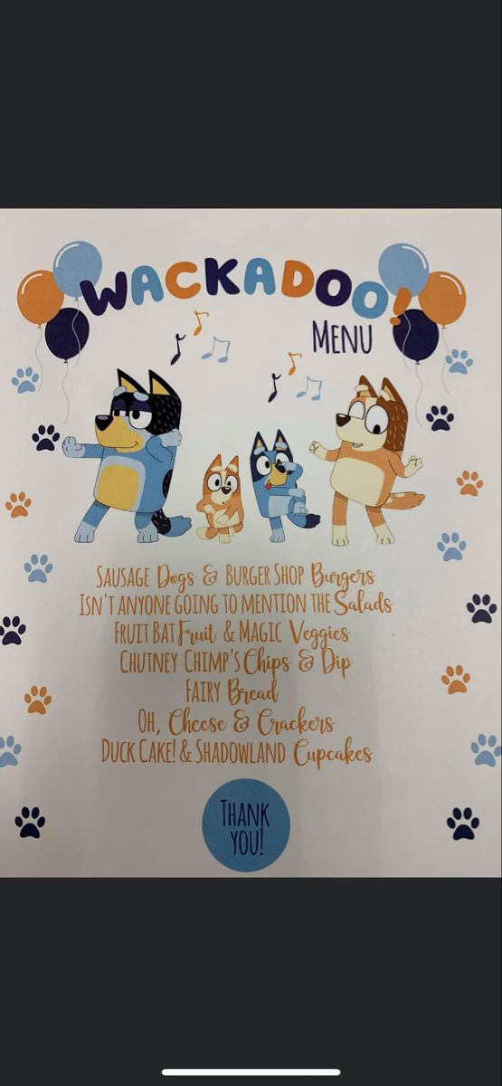 an advertisement for wackodo's menu with dogs and balloons on it,