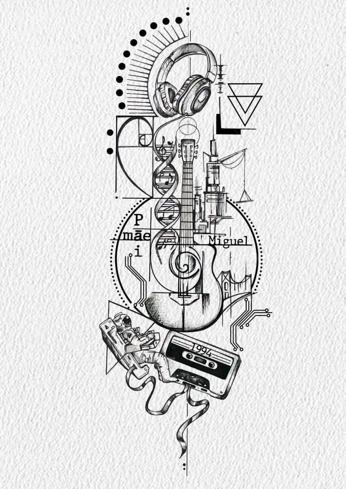 an abstract drawing with music instruments and other things on it's side, including a guitar