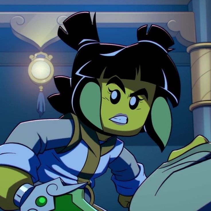 a cartoon character holding a green object in her hand