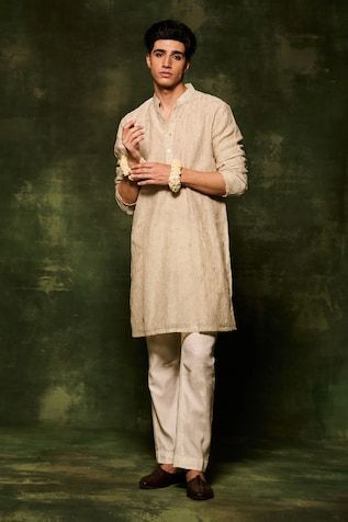 Grey kurta with zari and tikki hand embroidery. Paired with a plain pant. - Aza Fashions Traditional Slub Silk Sherwani For Transitional Season, Traditional Cotton Silk Sherwani With Gota Work, Transitional Cotton Silk Sherwani With Gota Work, Bollywood Style Straight Kurta Sherwani In Slub Silk, Bollywood Style Sherwani In Slub Silk, Unstitched Bandhgala With Gota Work For Navratri, Eid Sherwani In Slub Silk, Cotton Silk Bandhgala For Navratri Festive, Navratri Festive Cotton Silk Bandhgala