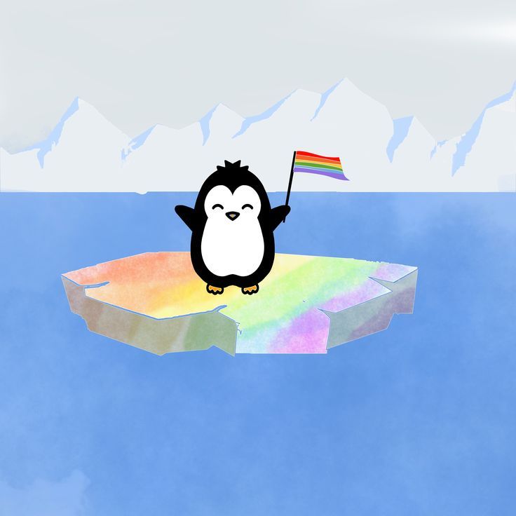 a penguin holding a rainbow flag on top of an ice floet with mountains in the background