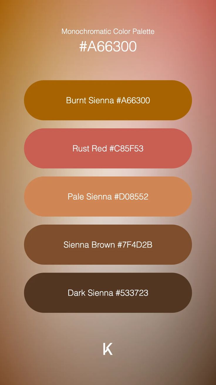 Monochromatic Color Palette Burnt Sienna #A66300 · Rust Red #C85F53 · Pale Sienna #D08552 �· Sienna Brown #7F4D2B · Dark Sienna #533723 Burnt Sienna Color Palette, Sienna Color Palette, Sienna Color, Colour Pallets, Baked Clay, Monochromatic Color Palette, Hex Color Palette, Baking Clay, Burnt Sienna