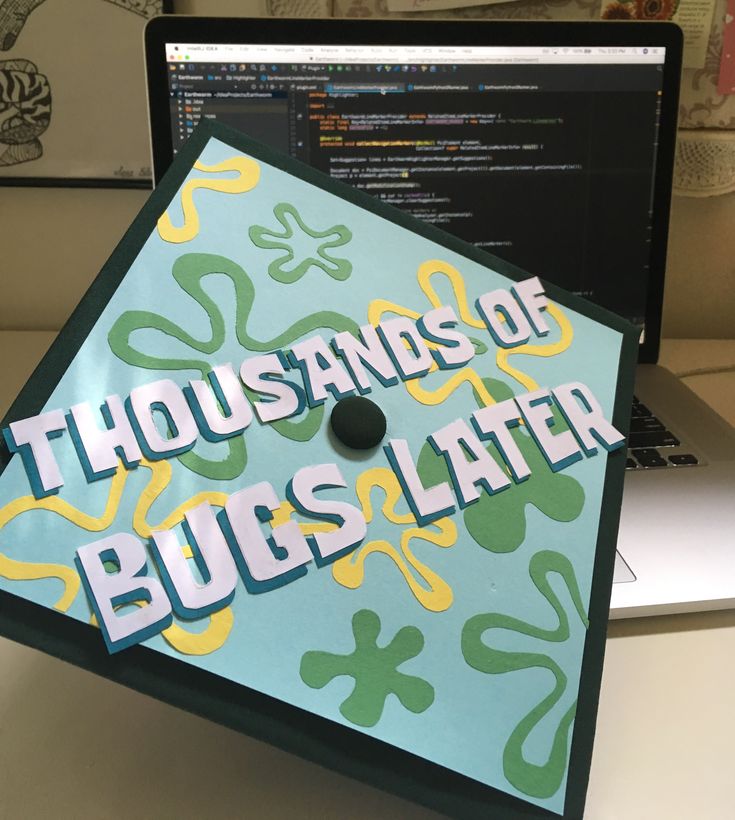 a blue and yellow graduation cap with the words thousands of bugs later on it