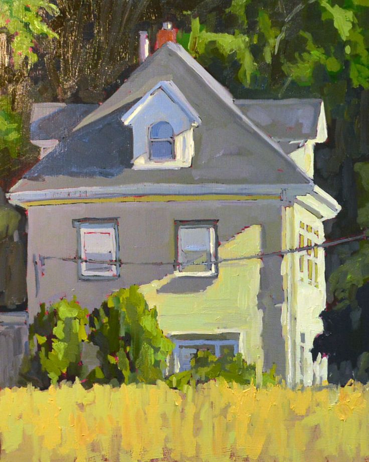 an oil painting of a house with trees in the background