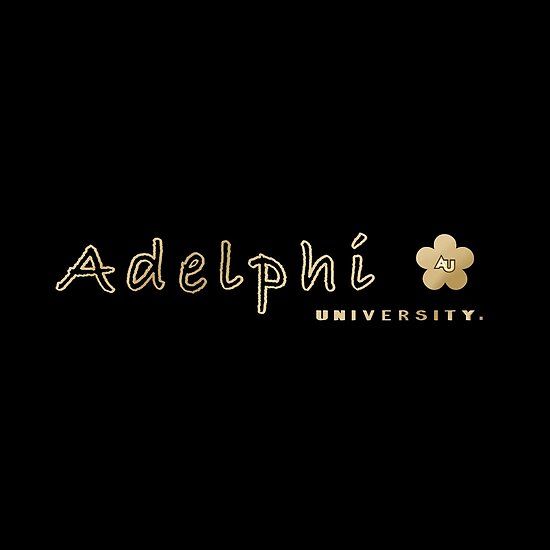 the logo for adelphi university on a black background with gold letters and flowers