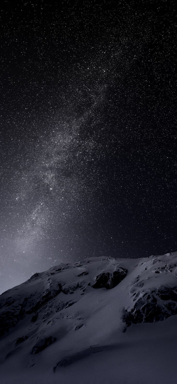 the night sky is filled with stars above a snowy mountain