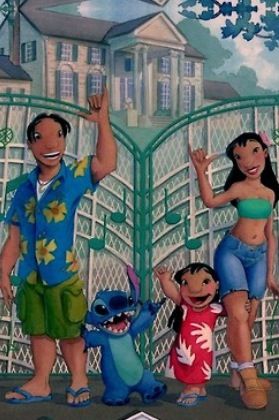 a painting of people standing in front of a gate with an image of lili and stitch on it