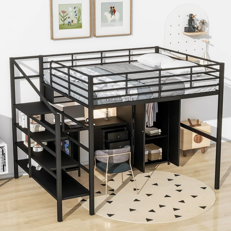 a loft bed with desk underneath it in a room that has hardwood floors and white walls