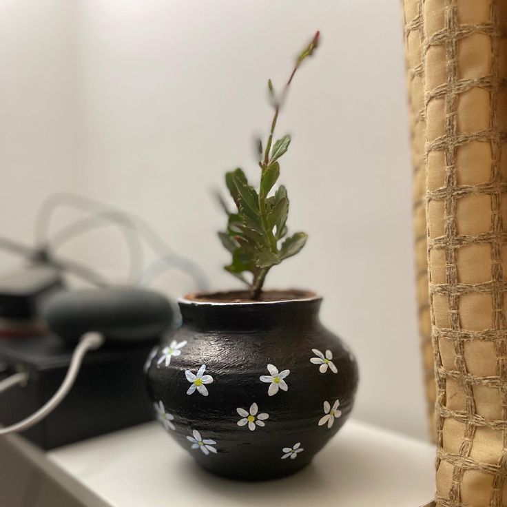 a potted plant sitting on top of a white shelf next to a remote control