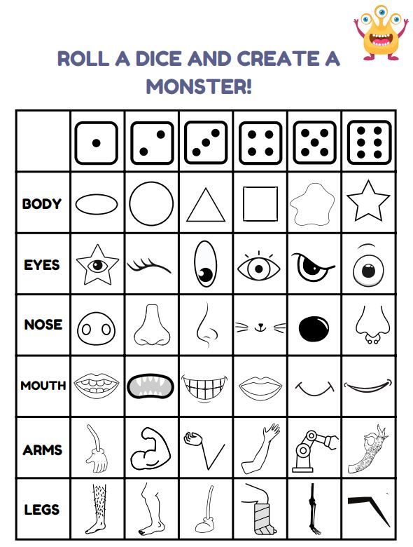 the roll a dice and create a monster game for kids to play on their own