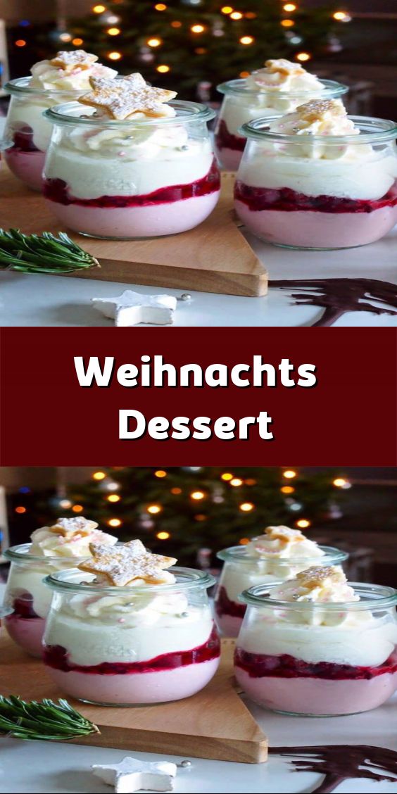 three desserts with white frosting and cranberry sauce in glass dishes on a wooden tray