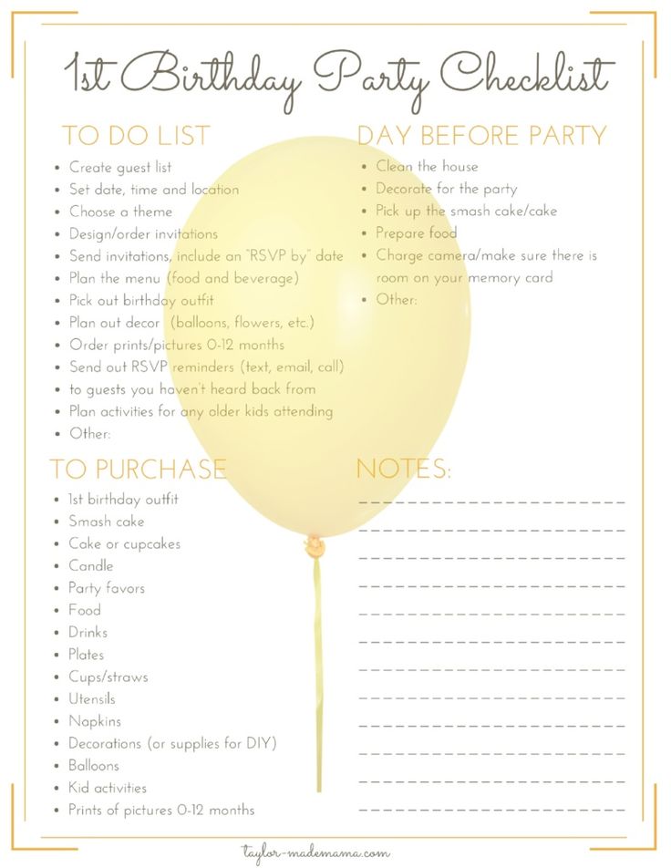 a birthday party checklist is shown with a balloon attached to the top of it