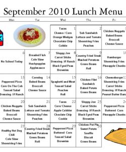 a calendar with food items on it and the words'lunch menu'written below