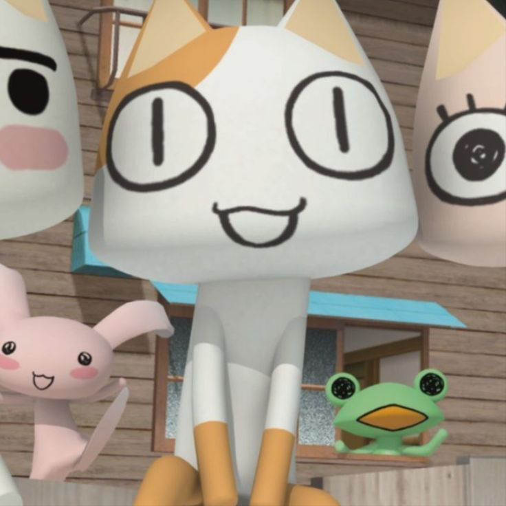 an animated cat and two small animals standing in front of a house with three other cats