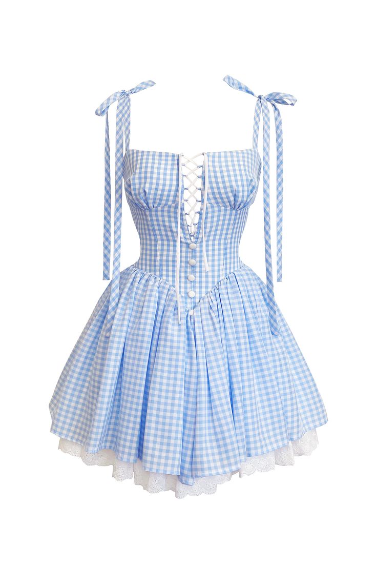 This gingham blue mini dress exudes a sweet retro vibe with its large shoulder straps and charming criss-cross self-tie detailing at the bust. Delicate embroidered fabric lining and cute crunched details complete the design, creating a playful yet elegant look perfect for casual occasions. Details: Mini dress in gingham blue Large self-tie shoulder straps Fully lined Tight fit Hidden in-seam back zip closureFabric-covered buttonsVoluminous skirt Composition: Shell: 100% Polyester Lining: 100% Po Cute Mini Dress With Tie Straps, Cute Sleeveless Corset Dress For Summer, Coquette Summer Dresses With Adjustable Straps, Spring Coquette Dress With Adjustable Straps, Cute Mini Dress With Bow Straps, Vintage Plaid Mini Dress For Summer, Cute Spaghetti Strap Dress For Picnic, Cute Mini Dress With Ruffled Tie Straps, Cute Mini Dress With Tie And Ruffled Straps