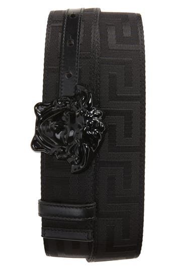 A gleaming Medusa buckle cinches the very Versace vibe of a belt whose curvy shape balances the sharp angles of the brand's signature Greca pattern. 1 1/2" belt width; 2 3/4" x 2 1/2" buckle Vinyl Made in Italy Web Belt, Versace Belt, Girly Bags, Designer Clothes For Men, Mens Belts, Men's Style, Versace, In Italy, Buckle