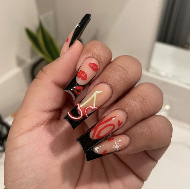 Dark Feminine Valentines Nails, Red V Day Nails, Dark Valentine’s Day Nails, Red Nail Set Valentines, Crazy Valentines Day Nails, Cards Nails Design, Spooky Valentines Nails, Black Valentine’s Day Nails, Red And Black Valentines Day Nails