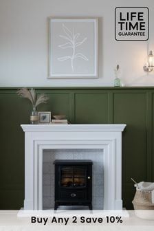 a white fireplace with green painted walls and the words buy any 2 save 10 %