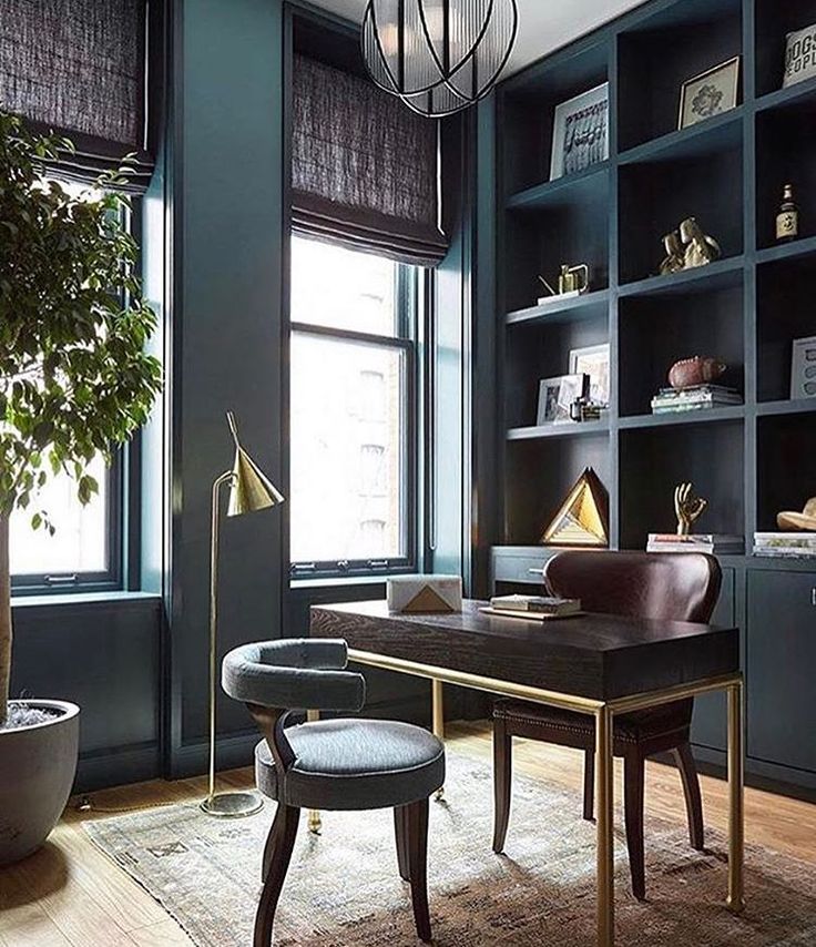 a living room filled with furniture and bookshelves next to a potted plant