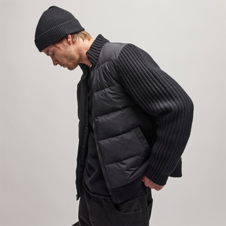 Mixed Media Zip Front Jacket in Black | James Perse Los Angeles Black Quilted Jacket For Winter, Fitted Black Cashmere Outerwear, Classic Fall Puffer Jacket, Black Cashmere Outerwear With Ribbed Cuffs, Long Sleeve Merino Wool Outerwear For Winter, Merino Wool Long Sleeve Outerwear For Winter, Fitted Cashmere Outerwear For Layering, Merino Wool Long Sleeve Winter Outerwear, Winter Merino Wool Long Sleeve Outerwear