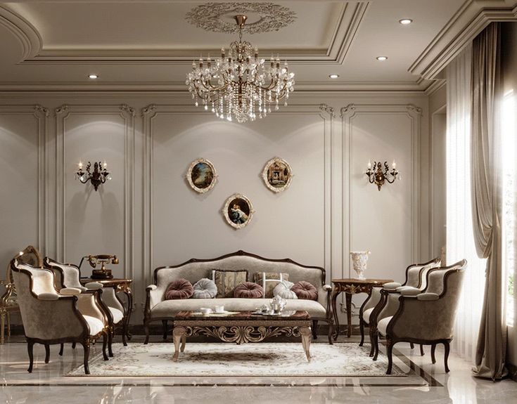 an elegant living room with chandelier, sofa and chairs