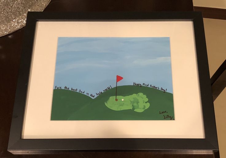 a painting of a green golf course with a red flag on the tee in front of it