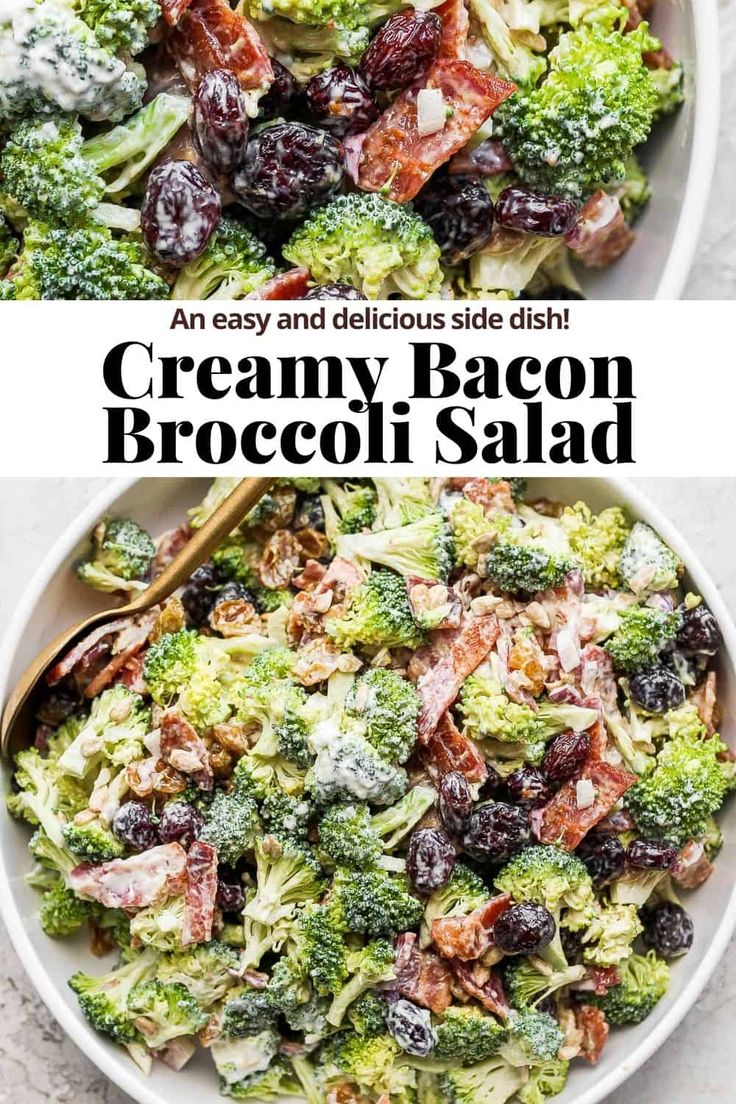 broccoli salad with bacon and cranberries in a white bowl