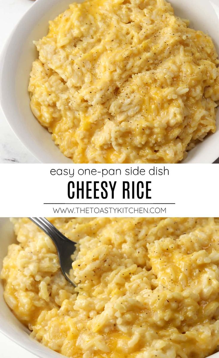 cheesy rice in a white bowl with a spoon and the words easy one - pan side dish