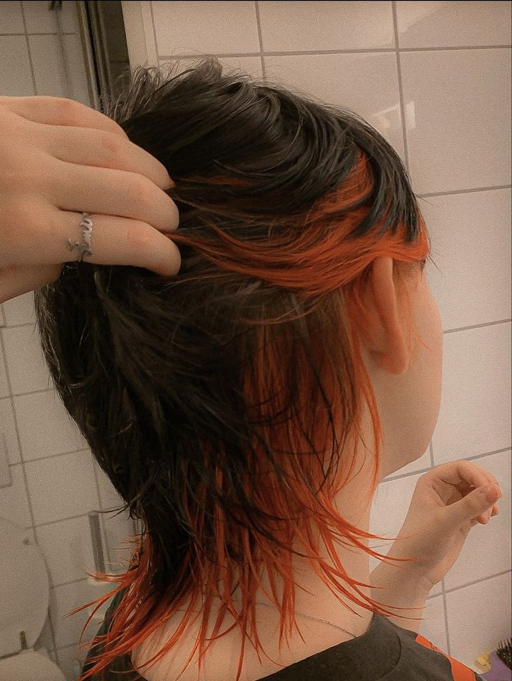 Mullet Hairstyle Women Dyed, Mullet Hairstyle Color, Mullet With Dyed Ends, Orange Tipped Hair, Orange Hair Black Highlights, Mullet Bleached Underneath, Bleached Tips Short Hair, Orange Mullet Hair, Mullet Dyed Underneath