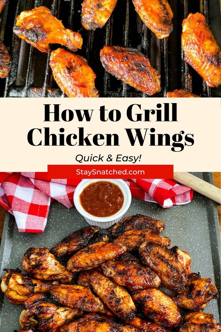 grilled chicken wings with bbq sauce on the side and text overlay that reads how to grill chicken wings quick and easy