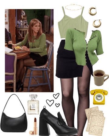 #friends #rachelgreen #rachelfromfriends #friendstvshow #90s #grunge #cute #preppy #cozy #fall #coffee #pretty #feminine #anaiese. Discover outfit ideas for everyday made with the shoplook outfit maker. How to wear ideas for coffee and clipped by eirafae . Rachel Green Spring Outfit, Friends Dress Outfit, Rachel Green Mini Skirt Outfit, Rachel Skirt Outfit, Rachel Green Green Outfit, 90s Green Outfit, Rachel Green Accessories, Rachel Green Christmas Outfit, 90s Shirt Outfit