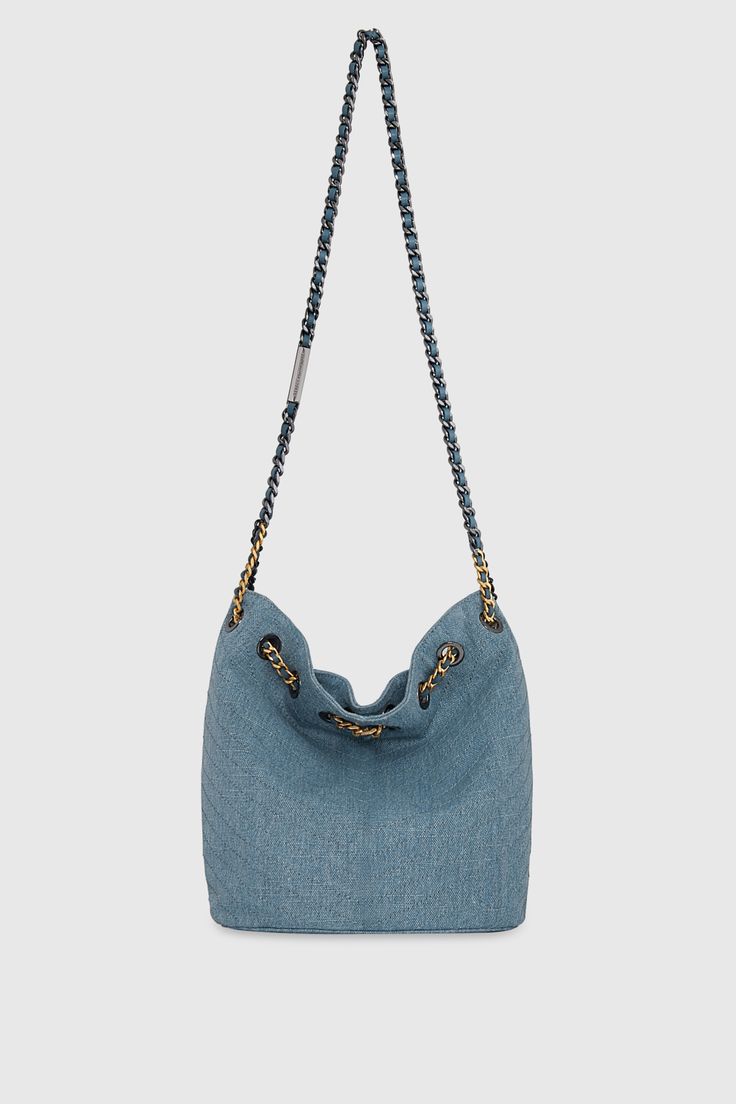 Relaxes denim bucket bag style handbag with lux mixed meetal hardware. Boho, effortless, and chic. Chic Canvas Bag With Zipper And Double Handle, Chic Double Handle Canvas Bag With Zipper, Modern Everyday Bags With Chain Strap, Chic Everyday Bucket Bag With Zipper Pocket, Chic Shoulder Bucket Bag With Zipper Pocket, Chic Canvas Shoulder Bag With Zipper Closure, Chic Canvas Shoulder Bag With Zipper, Everyday Use Crossbody Bucket Bag With Chain Strap, Everyday Tote Bag With Chain Strap