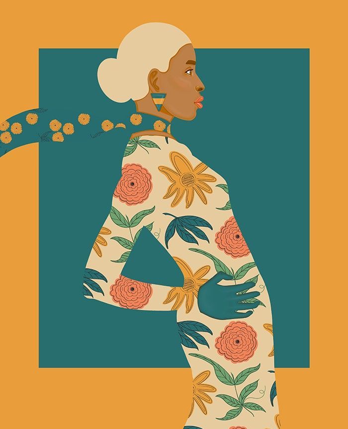 an illustration of a woman with flowers on her body