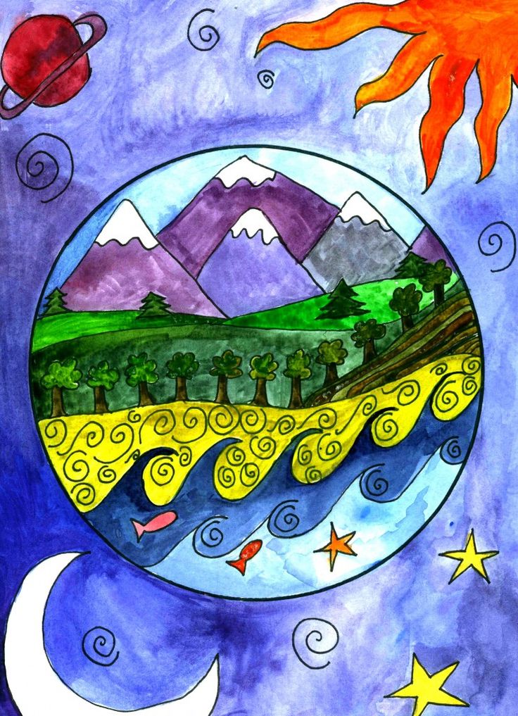 a painting with mountains, trees and stars in the sky next to a crescent moon