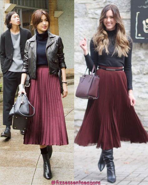 Regular Outfits Casual Womens Fashion, Maroon Pleated Skirt Outfit, Burgundy Skirt Outfit, Rose Gold Quince, Autumn Dark, Skirt Outfit Fall, Looks Kate Middleton, Dresses Champagne, Gold Quince