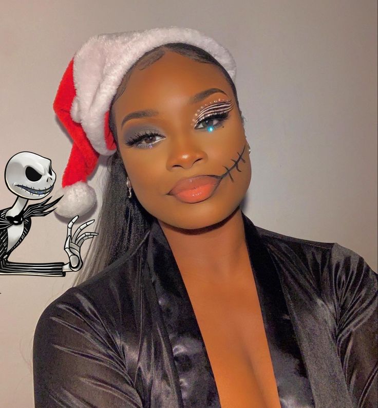 The Nightmare Before Christmas Collection by Colourpop ig beautyqueennila Jack Skeleton Dress, Jack Skellington Makeup Female Easy, Jack Skellington Makeup Female, Christmas Eye Looks, The Nightmare Before Christmas Makeup, Jack Skellington Makeup, Skellington Makeup, Work Makeup Looks, Nightmare Before Christmas Makeup