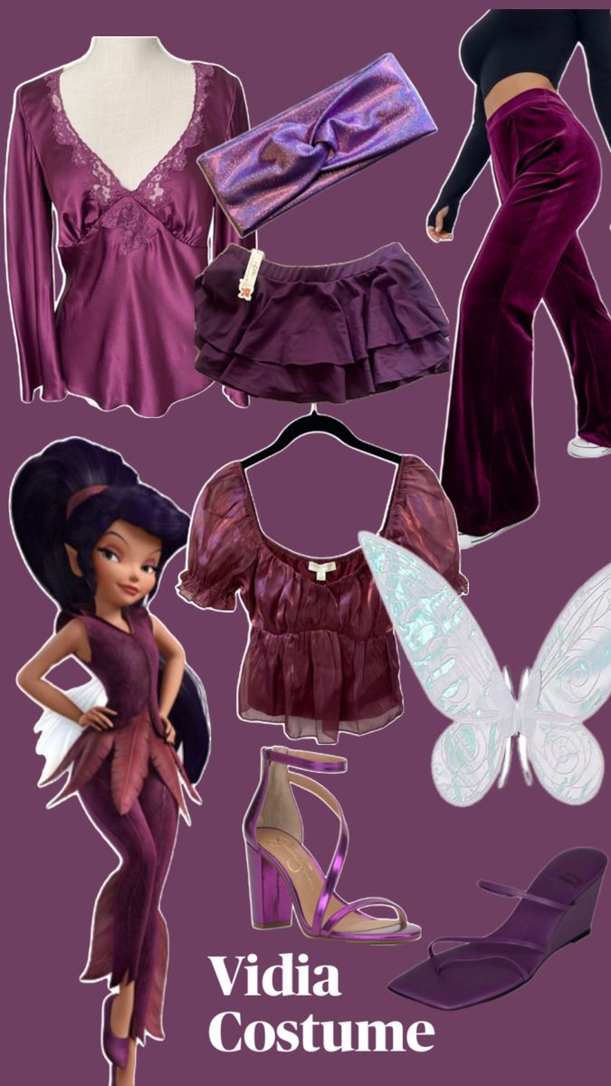 an assortment of clothing and shoes for barbie's movie character costumes, including a purple dress