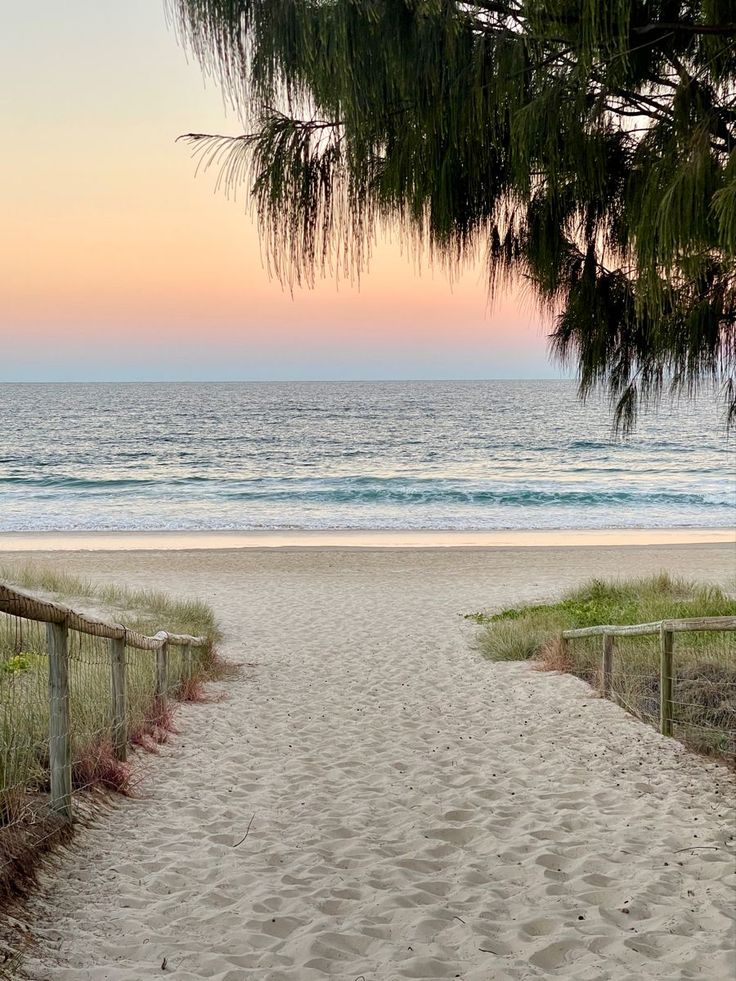 a sandy path leading to the beach at sunset