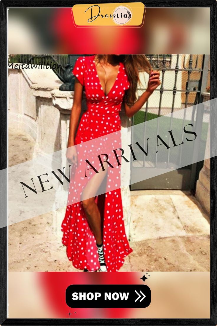 Summer Women Boho Dress Sexy V Neck Short Sleeve Beach Sundress Casual Dot Print Long Dress Vintage Party Dresses Polka Dot Mini Dress For Beach, Polka Dot V-neck Maxi Dress For Summer, Polka Dot Summer Maxi Dress, Polka Dot Maxi Dress For Summer Party, Polka Dot Summer Beach Dress, Fitted Flirty Summer Maxi Dress, Flirty Fitted Summer Maxi Dress, Fitted Polka Dot Summer Dress, Summer Party Polka Dot Maxi Dress