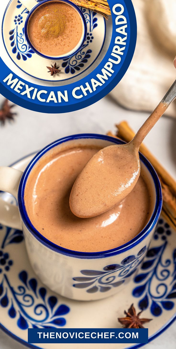 a spoon full of hot chocolate in a cup with cinnamon sticks next to it and the words, mexican chaparro