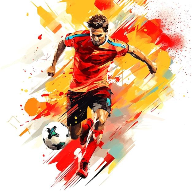 a man kicking a soccer ball on top of a white field with red and yellow paint splatters