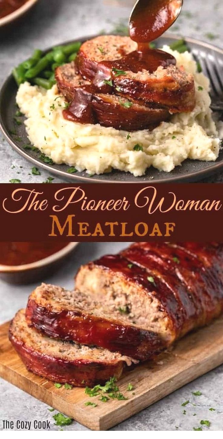 the power woman meatloaf is on a plate with mashed potatoes