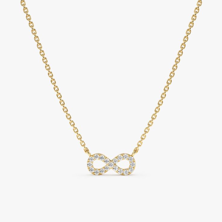 This captivating necklace features a dainty infinity symbol pendant, crafted from solid 14k gold (available in yellow, white, or rose gold). The infinity symbol is pave-set with sparkling diamonds, adding a touch of brilliance and timeless elegance. - Handmade - Solid Gold - Natural Diamonds  - G Color, SI Quality Diamonds - Size of the Charm: 4.5 x 10 mm - Total Diamond Carat Weight: 0.06 ctw 🛠 Your Sarah Elise piece is handcrafted with care! Ready-to-ship items go out within 3 business days. Made-to-order pieces typically take 7-10 business days to create. If you need something sooner, please contact us - we'll see if we can make it happen! For estimated shipping dates and tracking, check your Etsy account under 'Orders'. 🚐Orders under $100 are sent with USPS First Class Mail tracking; Anniversary Infinity Necklace With Delicate Chain, Yellow Gold Infinity Necklace With Adjustable Chain, Minimalist Infinity Necklace In White Gold, Dainty Yellow Gold Infinity Necklace, Minimalist White Gold Infinity Necklace, Elegant Infinity Cable Chain Necklaces, Delicate Infinity Necklace For Anniversary, Delicate Infinity Yellow Gold Jewelry, Dainty 14k Gold Infinity Necklace