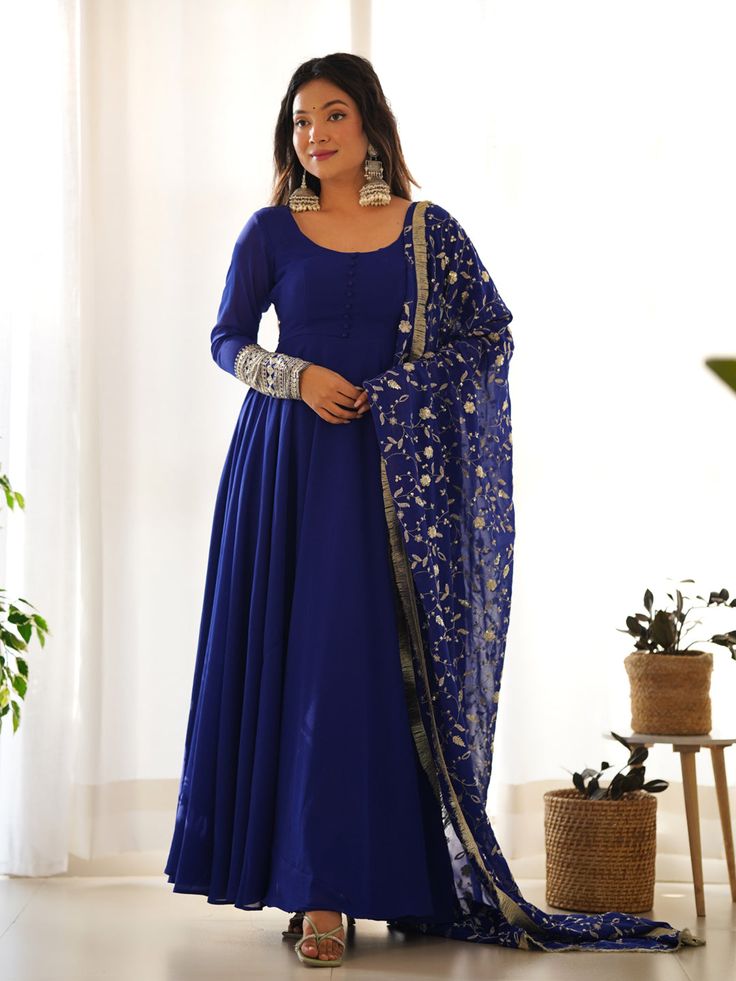 Premium Festive Wear Anarkali Suit Collection Processing Time : 7 Business Days Work : Embroidered Sequins With Zari Work  Fabric:Top : Heavy Pure Soft Fox Georgette Bottom : Micro Cotton Dupatta : Pure Fox Georgette Color:Top : Navy Blue Bottom : Navy Blue Dupatta : Navy Blue Georgette Anarkali Dress, Flair Sleeves, Georgette Anarkali Suits, Patiyala Dress, Blue Anarkali, Readymade Salwar Kameez, Georgette Anarkali, Cotton Wedding, Anarkali Kurti